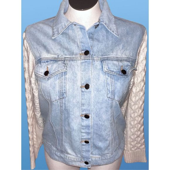 POL Denim Jean Jacket  W/ Cable Knit Sleeves Size Large - Picture 1 of 6
